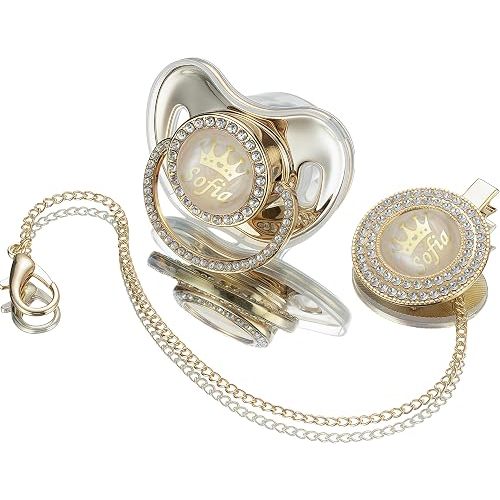Sparkling Bling Custom Baby Pacifiers and Clips/Holder Kit with Name Personalized with Rhinestones for Boy and Girl Baby Shower (Gold)