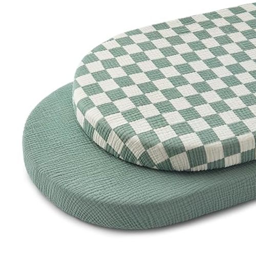 Blissful Diary Muslin Bassinet Sheets for Baby Girls Boys, Boho Soft Cotton Fitted for Oval Hourglass Rectangle Mattress, 2 Pack(Sage Checkboard & Sage Green)