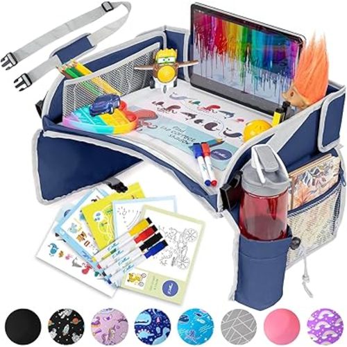 PILLANI Kids Travel Tray for Car - Toddler Travel Essential with iPad Holder & Dry Erase Board - Road Trip Essentials - Carseat Table - Toddler Lap Desk Organizer for Airplane - Kids Travel Essentials