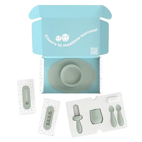 ezpz Kit 2: Learn to Eat and Drink (Sage) - Tools to Help Your Baby Practice Chewing, Sipping, and Self-Feeding - Start Solids + Baby-Led Weaning Safely - Shower Essentials & Gifts