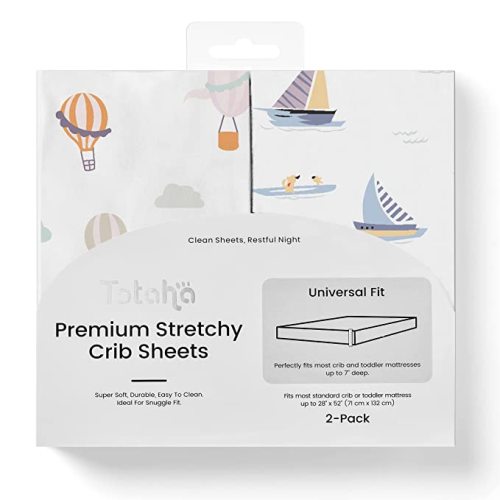 TotAha Premium Stretchy Crib Sheets (2-Pack)-Hypoallergenic, Silky Comfort, Buttery Soft, Calming Effect, All-Season Jersey-Knit Sheets, 28 X 52 X 9'' Extra Deep Pocket (Balloon & Sailboat)