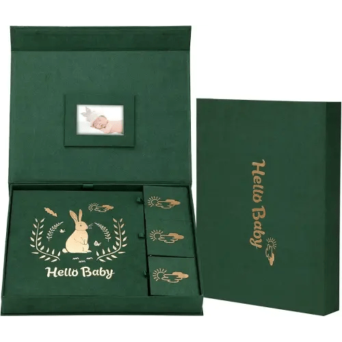 XKDOUS Velvet Baby Book Keepsake Baby Memory Book First 5 Years Baby Milestone Baby Scrapbook & Photo Albums New Baby Shower Gifts For First Time Mom, Girl Or Boy Gender Neutral Milestone Book Green