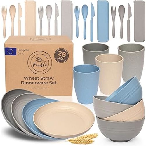 FOODLE Wheat Straw Dinnerware Set - BPA Free & Safety Tested - Microwave & Dishwasher Safe - Perfect for Picnic, Dorm, RV Dishes - Camping Plates Cups and Bowls Set - Great for Kids & Adults - For 4
