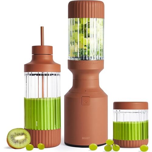 Beast Mighty 850 Plus | Premium Compact Personal Blender | Smoothies, Shakes, Dressings, Sauces | Blends Ice and Frozen Fruit | New XL Vessel | Extra Vessels, Lids and Straws | 850W (Terra)