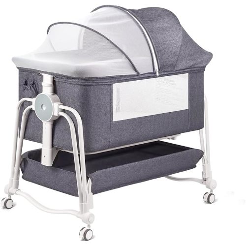 4 in 1 Baby Bassinet Bedside Sleeper, Rocking Baby Crib with Lockable Wheels, Storage, Mosquito Net and Matress Included, 7 Level Adjustable Bedside Bassinet for Baby Newborn(Gray)