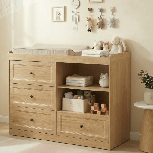 Nordee Changing Table Dresser, Baby Nursery Dresser with 4 Drawers and 2 Adjustable Shelves, Wooden Baby Diaper Changing Station, Natural Wood