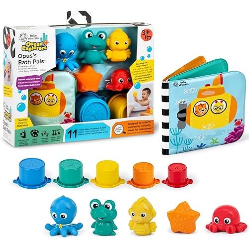 Baby Einstein Ocean Explorers Opus Bath Pals 11-Piece Gift Set, Waterproof Bath Book, Bath Cups, Animal Shape Bath Toys for Baby and Toddler, Ages 3 Months and Up