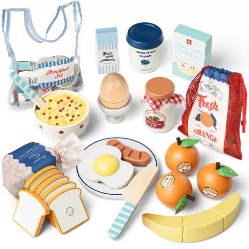 Wooden Play Food Sets, Play Kitchen Accessories Kids Cutting Pretend Play Fake Food Toys for 3 4 5 6 7 Years Girls Boys Toddlers Toys