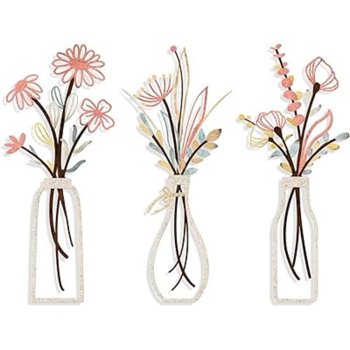 3 Pieces Metal Flowers Wall Arts - Rustic Farmhouse Style Décor Metal Wall Art Black Minimalist Flower Natural Themed Wall Decors for Home Bedroom Dining Room Housewarming (Pink Beige)