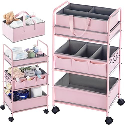 Honeydak 2in1 Baby Diaper Caddy Organizer Cart 3 Tier Large Capacity Metal Utility Bedside Rolling Cart with Divider for Newborn Nursery Essential Must Have for Crib Bedroom Baby Shower(Pink)