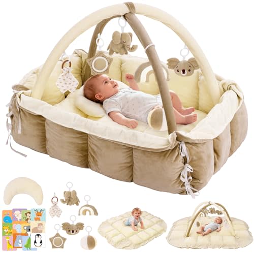 Lanabuna 5-in-1 Baby Play Gym and Tummy Time Mat, Tummy Time Pillow & 12 Learning Cards, Plush Activity Mat with 6 Toys, Baby Gym, Convertible to Ball Pit, Cream