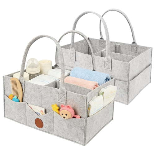 Keyohome Diaper Caddy Organizer,Nursery Storage Bin,Car Organizer for Diapers and Baby Wipes,Felt Diaper Organizer Suitable for Indoor Outdoor,with Handle,2 Pack,Light Gray