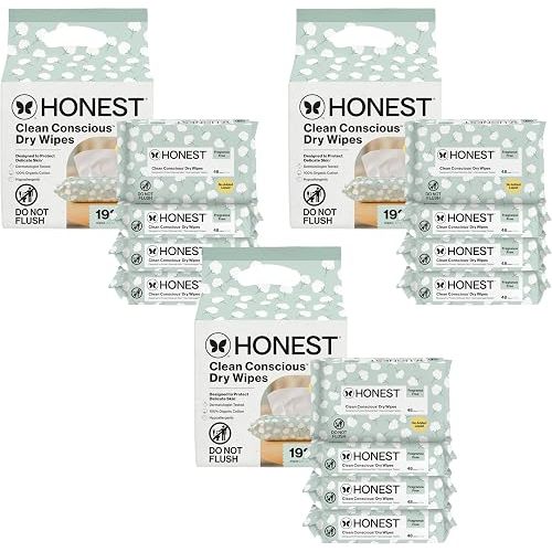 The Honest Company 100% Pure Organic Cotton Dry Wipes, Hypoallergenic, Multi-Use, Baby Facial Cloths, 192 Count (Pack of 3)