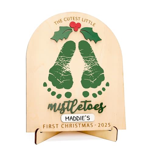 DIY Baby Footprint Keepsake Board with Name Box - Pen/Paint Not Included, Personalized Baby’s First Christmas 2025, Mistletoes Footprint Art, Nursery Footprint Decorative for Baby Shower Newborn