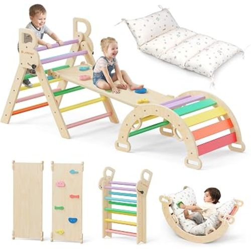 BlueWood Pikler Triangle Set with Cushion, 8-in-1 Climbing Toys for Toddlers, Montessori Philosophy Play Jungle Gym with Arch, Ramp, Ladder(Sunshine Rainbow)
