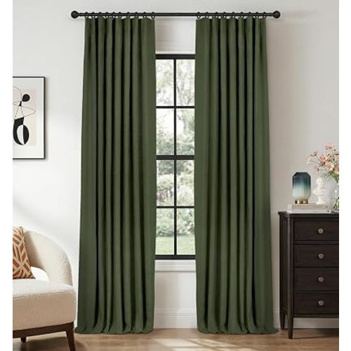INOVADAY Olive Green Blackout Curtains for Bedroom, Black Out Curtains 84 Inch Long, Clip Rings Linen Blackout Drapes, Thermal Insulated Room Darkening for Living Room, 2 Panels - Olive Green,W50xL84