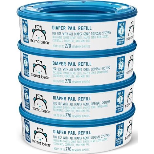 Amazon Brand-Mama Bear Round Diaper Pail Refills for Diaper Genie Pails, Odor Control, Unscented, 1080 Count (4 Packs of 270 Count), Compatible with Diaper Genie Complete, Elite and Expressions Pails