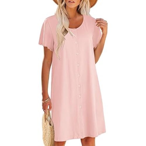 Ekouaer Womens' Cotton Nightgown Ladies Short Sleeve Sleepshirt V Neck Button Down Night Gowns Casual House Dress