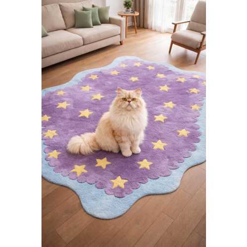 Purple Starry Night Area Rug, Hand-Tufted Lavender & Blue Cloud Carpet, Celestial Nursery Decor, Funky Star Pattern Rug for Kids Room Rug