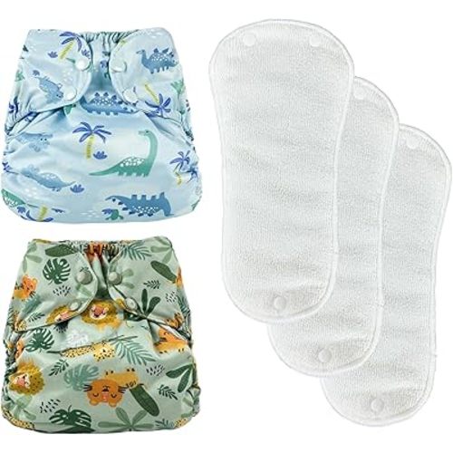 BISENKID 2 Pack Waterproof Cloth Diapers Reusable Swim Diaper - Adjustable Outer Shell with 3 Pack Absorbent Diaper Liners to Prevent Urine Blowouts for Baby Boy, Size 1 (7-17Pound)