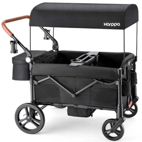 HARPPA Foldable Wagon Stroller for 4 Kids with 5-Point Harness, Canopy, Black