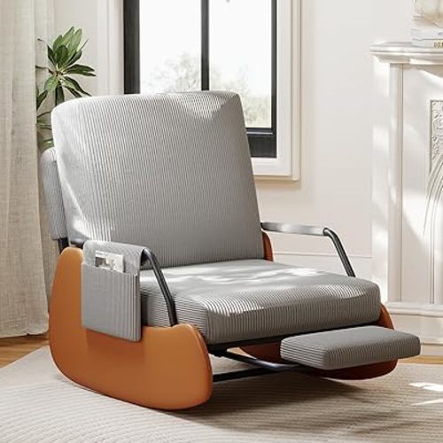 Furniliving Modern Glider Rocking Chair, Upholstered Nursery Glider Chair with Adjustable Recline & Retractable Footrest, Comfortable Lounge Chair for Mom Nursery Living Room Bedroom Grey