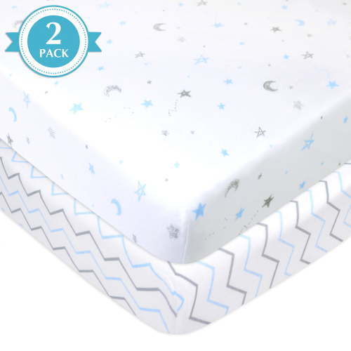 American Baby Company 2 Pack 100% Natural Cotton Fitted Pack and Play Sheets 39" x 27" - Soft & Breathable Pack N Play Sheets for Playard & Mini Crib Mattress, Blue Stars/Zigzag, for Boys & Girls
