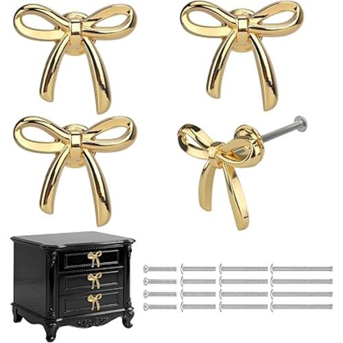 4 Set Gold Bow Dresser Knobs Cute Drawer Knobs Gold Decor Drawer Zinc Alloy Brushed Brass Hardware Handles Pulls Vintage Cupboard Drawer Knob for Kitchen Cabinets Home Bedroom (4, Gold)