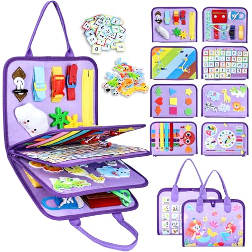 Esjay Busy Board Montessori Toys for Girls, Sensory Book Educational Activities Learning Fine Motor Skills, Birthday Gifts for Girls, Travel Toys for Airplane Car, Purple Multipages