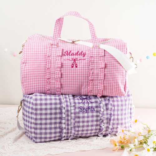 Personalized Little Girls Dance Duffle Bag: Seersucker Travel Bag, Embroidery Name Gift for Baby Kids Toddler