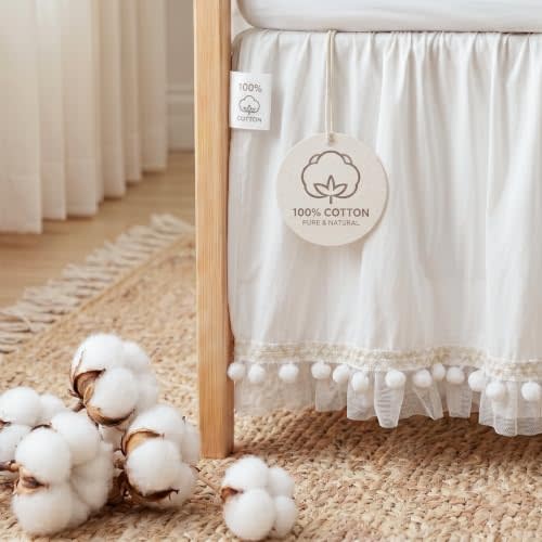 Baby Crib Skirt 100% Cotton with Pompoms Pleated Dust Ruffle for Unisex Baby Boys or Girls Soft Breathable Nursery Crib Toddler Standard Bedding Skirt 28" x 52" with 14" Drop (White)
