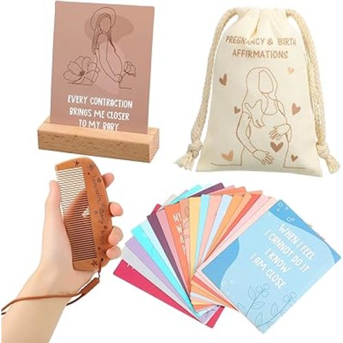 Yungyan 23 Pcs Birthing Comb Gifts Set Includes Wooden Labor Comb Pregnancy Birth Affirmation Cards Canvas Bag for Pregnant Women Labor Pain Relief Essentials, New Mom Positive Encouragement Gifts