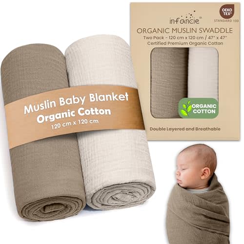 infancie Organic Cotton Muslin Baby Blanket - 47x47 Inch Breathable Swaddle, Hypoallergenic Double-Layer, Versatile Use (Olive/Ivory, 47x47 Inch)