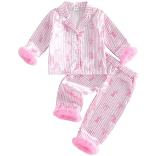 Kuriozud Toddler Girl Easter Pajamas Bunny/Eggs Feather Trim Button Down Tops Pants Cute Little Girls Sleepwear Satin Pjs Set