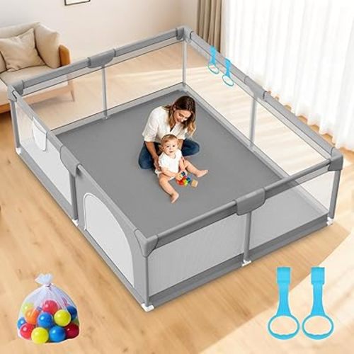 Omzer Baby Playpen 71x59inch - Super Large Playpen for Babies and Toddlers with 2 Pulling Handle & 50 Ocean Balls - Play Pen for Babies 6-12 Months - Safe Baby Fence Safe for Indoor Use