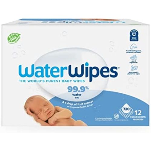 WaterWipes Plastic-Free Original Baby Wipes, 99.9% Water Based Wipes, Unscented & Hypoallergenic for Sensitive Skin, 720 Count (12 packs), Packaging May Vary