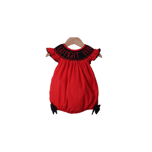 Smocked Go, Fight, Win Red/Black Swiss Dot Bow Bubble