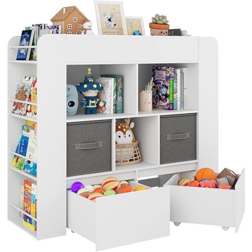 VortinT Wooden Toy Organizers and Storage, Kids Bookshelf with 2 Movable Drawers and 2 Box Bins, Kids Organization and Storage with Play Mat for Playroom/Nursery/Living Room,Gifts for Girls Boys White