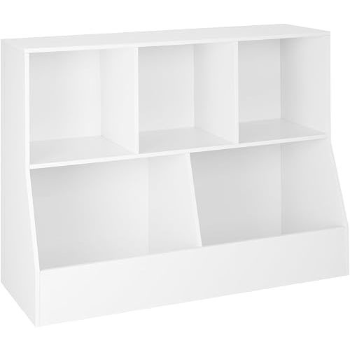 DINZI LVJ Toy Storage Organizer, Kids Bookshelf, Wood Toy Storage Cabinet, 5 Cubby 2-Tier Children Bookcase, 39.4" L Toddler Book Shelf for Playroom, Living Room, Nursery, Hallway, Classroom, White