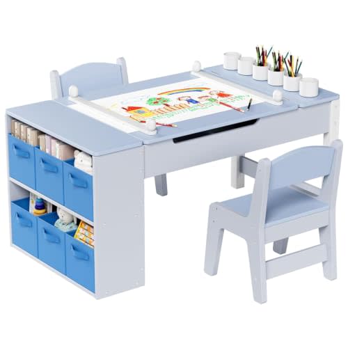 MAMIZO Kids Art Table and Chairs Set, Toddler Craft Desk w/Easel | Sturdy Wood Activity Table w/Large Drawing Tabletop, Paint Cups, Removable Bins, Paper Roll for Home Classroom Daycare