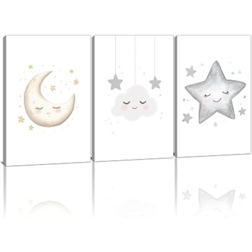 Nursery Canvas Wall Art Moon Clouds Stars Picture Prints Baby Nursery Wall Decor Minimalist Paintings for Kids Room Decor Framed(Artwork,11L x 14W x 3Pcs)