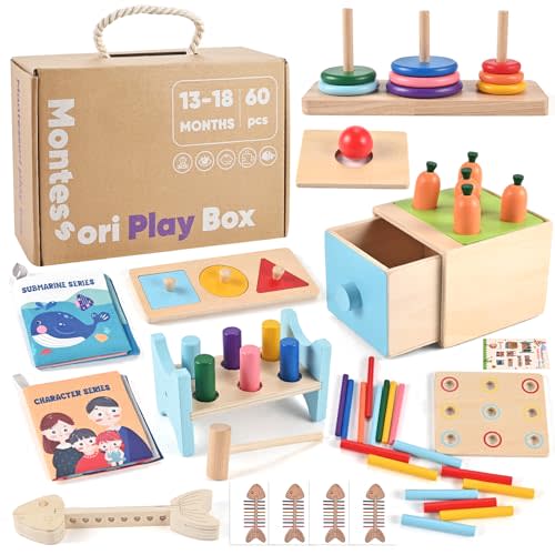 Wooden Montessori Toys for 1+ Year Old, 9-in-1 Learning Educational Set with 3-in-1 Activity Box, Pound Bench, Shape Puzzle, Cloth Books, Fishbone Matching & Ring Stacker