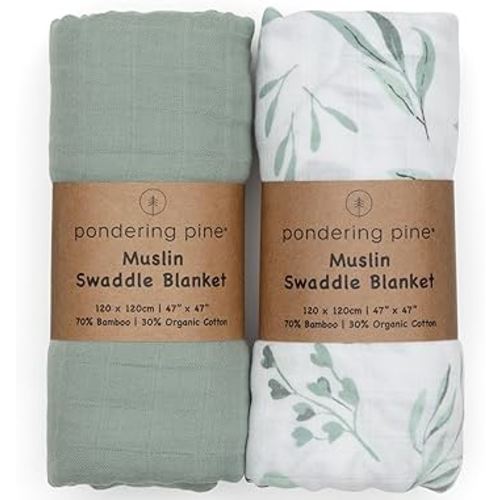 Organic Baby Muslin Swaddle Blankets for Boy or Girl - Eucalyptus Leaves and Sage Swaddling Blanket 2 Pack - Soft Muslin, XLarge and Breathable, Boho Baby, 47" X 47"