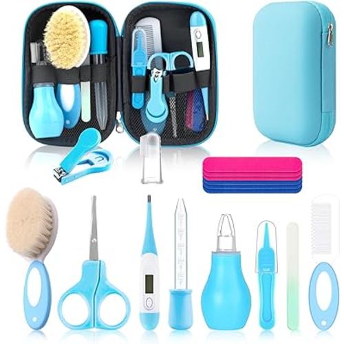 Baby Healthcare and Grooming Kit, Baby Safety Set Newborn Nursery Health Care Set with Hair Brush Scale Measuring Spoon Nail Clippers (17PCS Blue)
