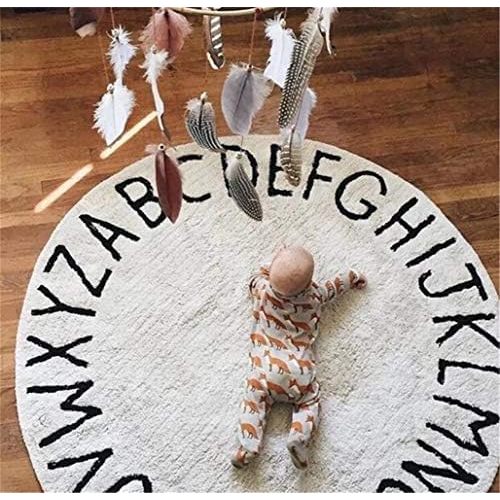 ABC Nursery Rugs Round Kids Rug Circle Alphabet Rug Kids Play Mat for Infants Boys Girls Soft Cotton Carpet Educational Area Rug 47inch (White-2)