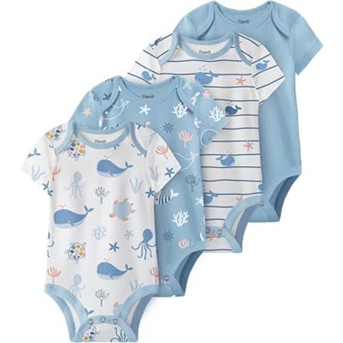 FIEMOL Baby Bodysuits Newborn 100% Cotton, Soft Short Sleeve Toddler Infant Cute Body Suits for Baby Boys Girls 4 Pack