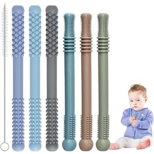 Teething Sticks for Babies, 6 Pack Soft Silicone Teethers for Babies Toddlers Nursing Biting Chewing, Infant Teething Relief, Multicolored Teething Tubes Baby Gift Teethers