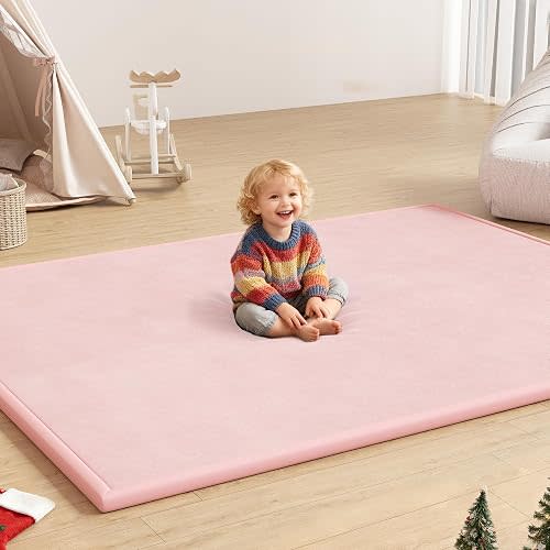 Baby Play Mat for Floor, 1.3'' Thick Memory Foam Tummy Time Mat - Super Soft Coral Velvet Nursery Rug with Non-Slip Backing, Crawling Rug for Toddlers/Infants, Yoga & Tatami Use, Light Pink, 59''x79''