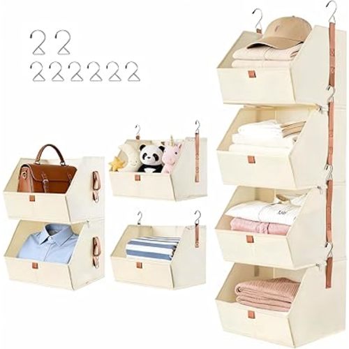 4 Tier Hanging Closet Organizer,Disassemblable Clothes Hanging Shelves,Fabric Closet Organizer System for Space-Saving,Foldable Storage Basket for Bedroom, Rv (1 Pack,Beige)