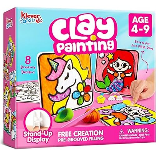 Klever Kits Air Dry Clay Painting, Air Clay Kit for Kids, 8 Pre-grooved Filling and Original Designed Boards, Easy Play and Non Toxic Material, Arts and Crafts for Kids Age 4-9